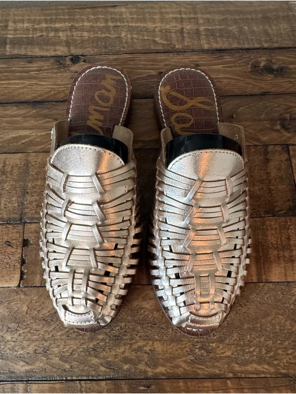 Sam Edelman Keelyn Women’s Leather Woven Slide Mules in Blush Gold Metallic